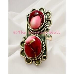 Red Rose Dahlia Two Stone Sterling Boho Ring Size 7